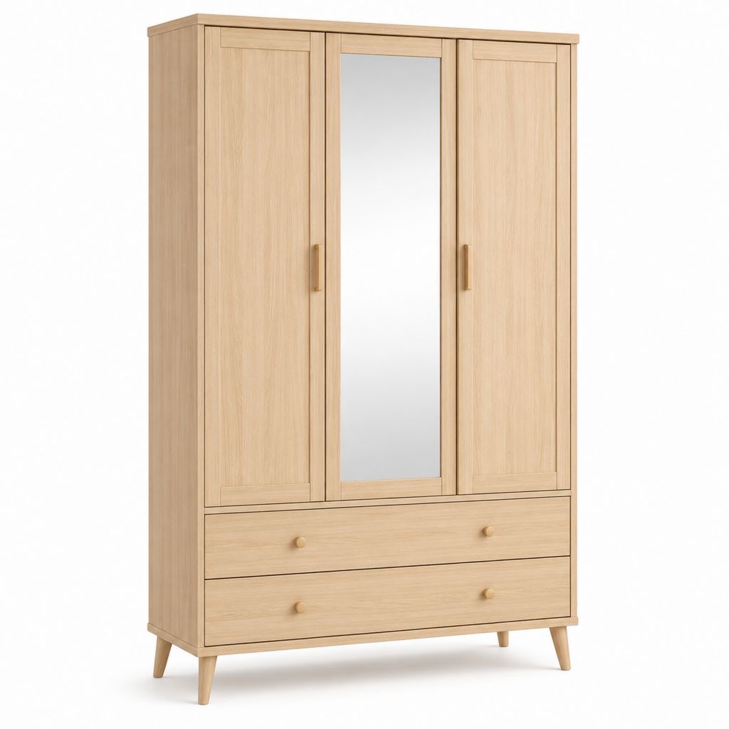 Armoire 3 portes avec miroir et 2 tiroirs chêne clair panneaux de particules 120 x 52 x 190 cm