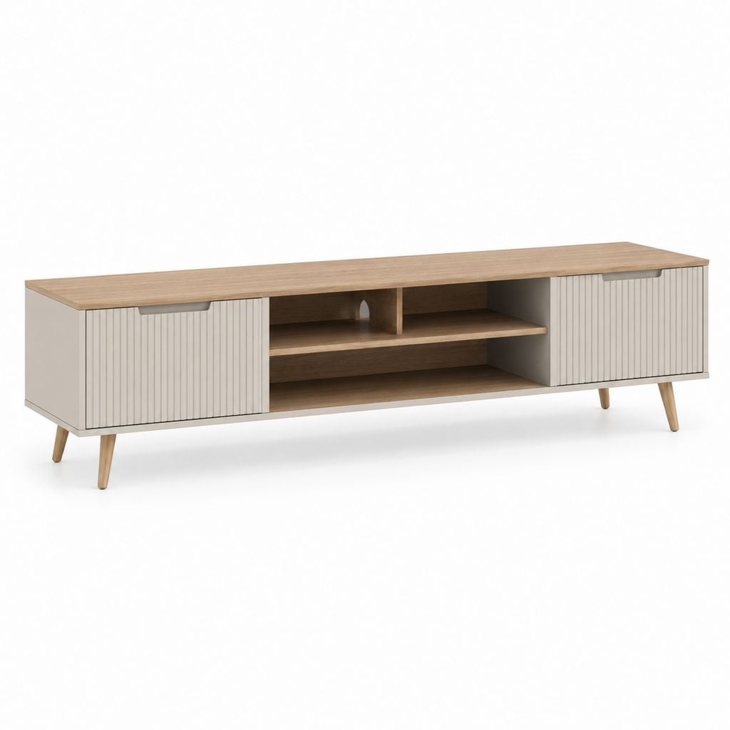 Meuble TV rectangulaire beige et chêne clair en panneaux de particules 180 x 40 x 55 cm