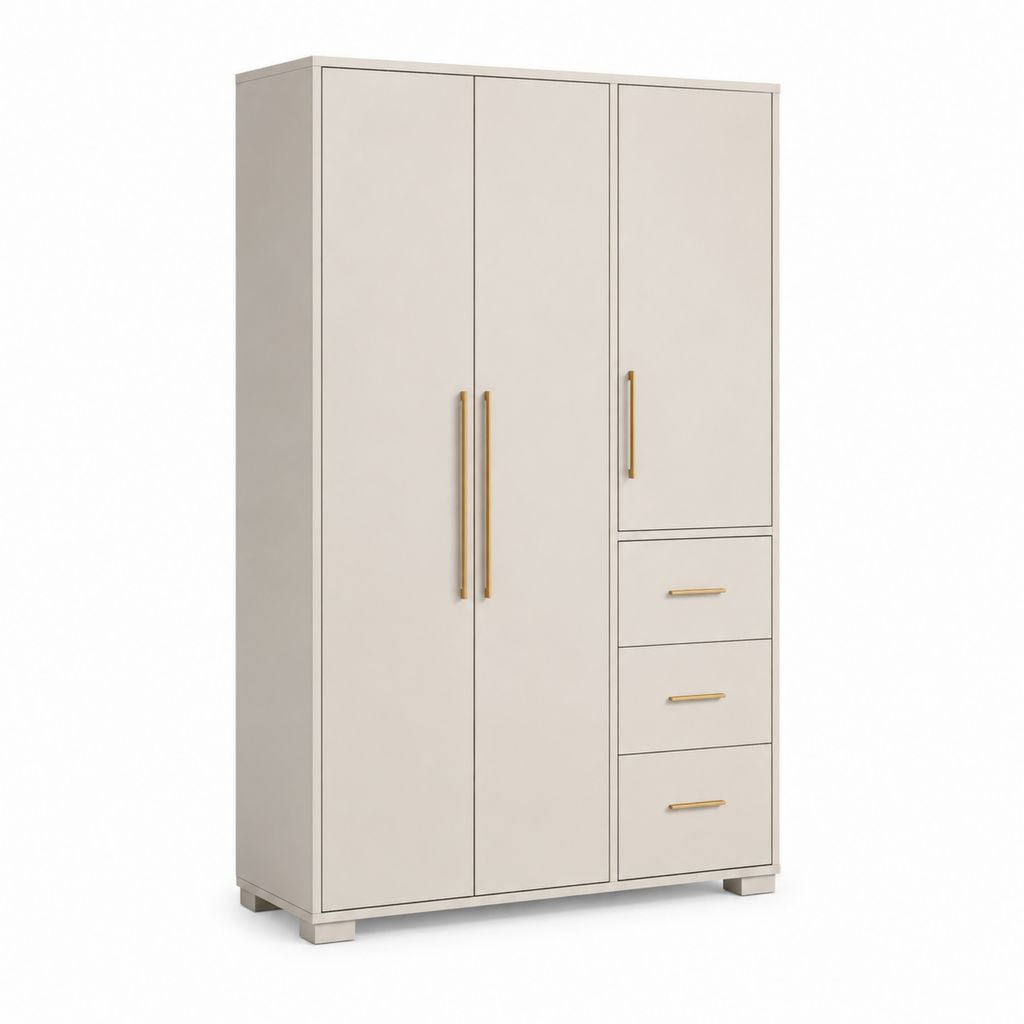 Armoire de chambre 3 portes 3 tiroirs blanc cassé en panneaux de particules 120 x 200 x 50 cm