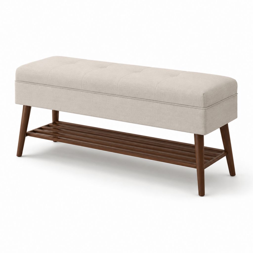 Banc de bout de lit beige en polyester et bois d'hévéa massif avec étagère 120 x 40 x 50 cm