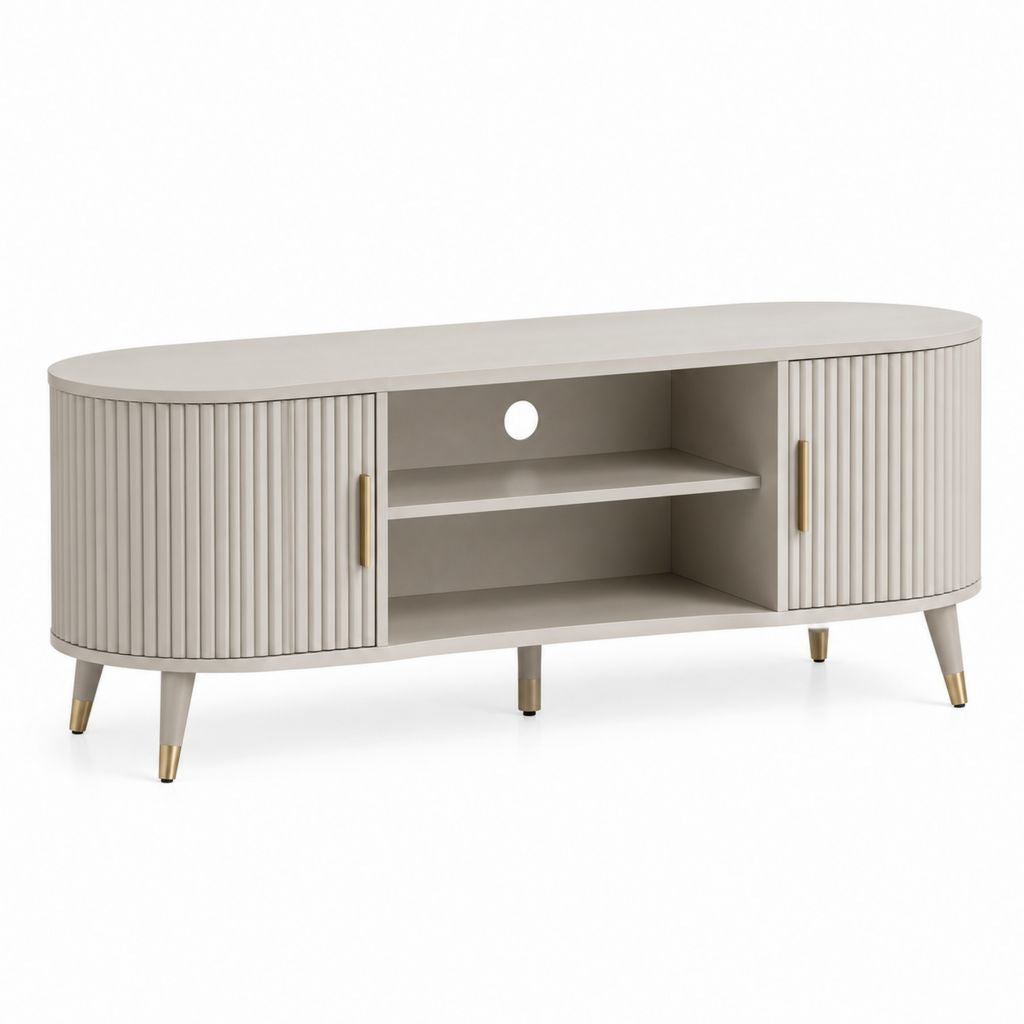 Meuble TV ovale beige en panneaux MDF 140 x 40 x 60 cm avec 2 portes et rangement ouvert