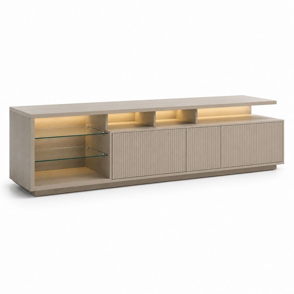 Meuble TV bas beige en MDF avec éclairage LED et rangements 200 x 45 x 65 cm