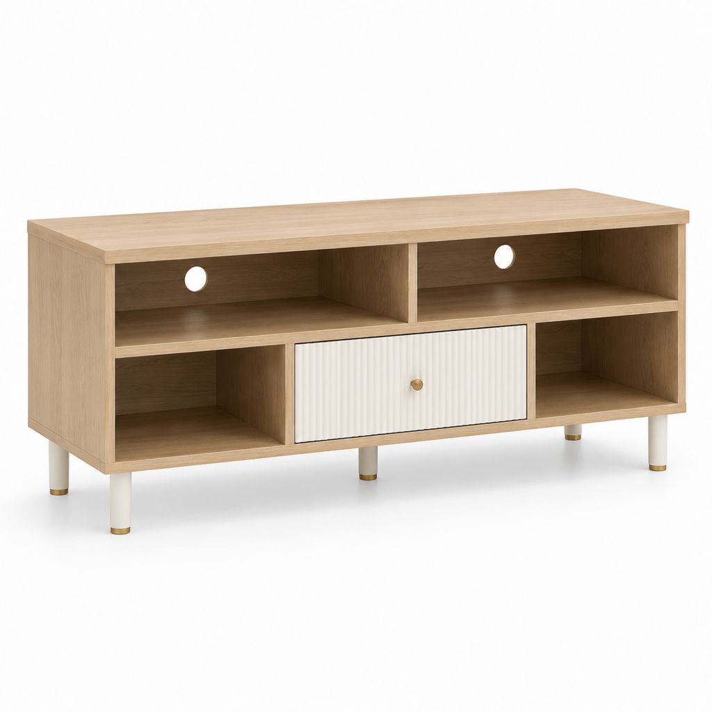 Meuble TV rectangulaire 120 x 40 x 60 cm en panneaux de particules finition chêne clair blanc avec rangement et passe-câbles