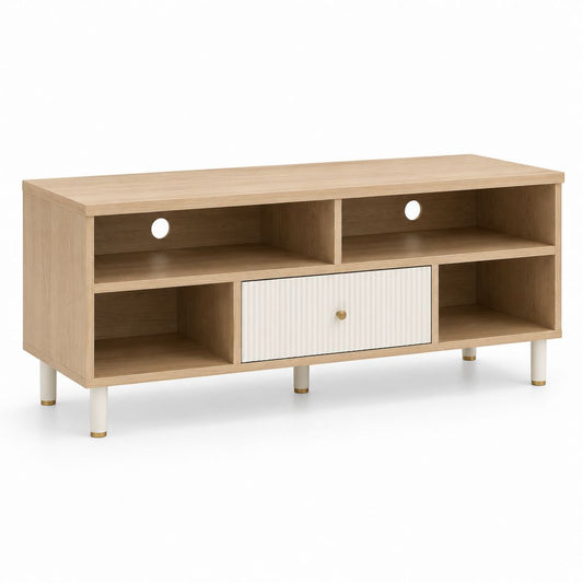 Meuble TV rectangulaire 120 x 40 x 60 cm en panneaux de particules finition chêne clair blanc avec rangement et passe-câbles