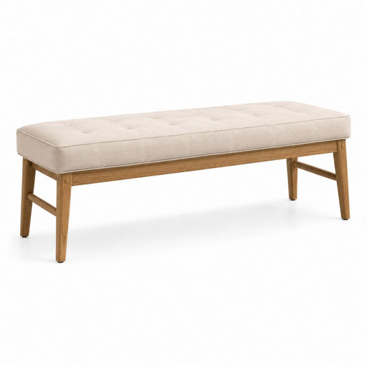 Banc de bout de lit capitonné rectangulaire beige en polyester et chêne massif 120 x 40 x 46 cm