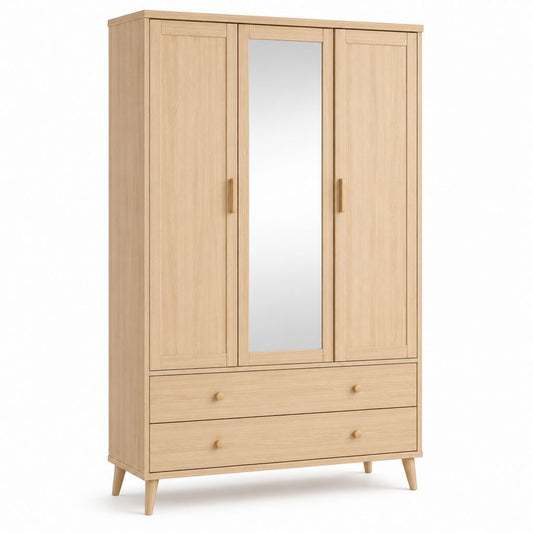 Armoire 3 portes avec miroir et 2 tiroirs chêne clair panneaux de particules 120 x 52 x 190 cm