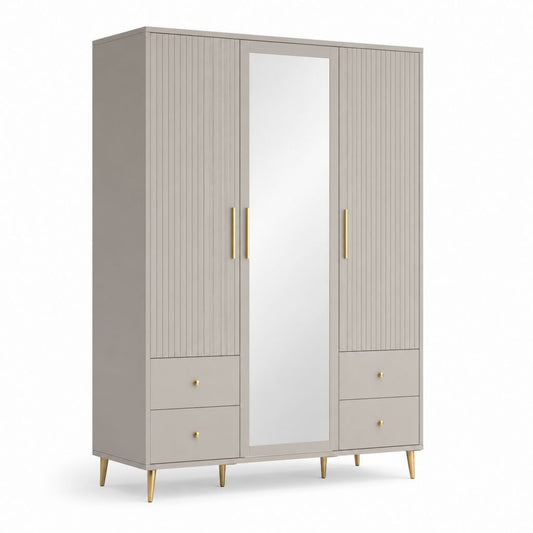 Armoire rectangulaire 3 portes avec miroir 4 tiroirs taupe en panneaux de particules 120 x 50 x 200 cm