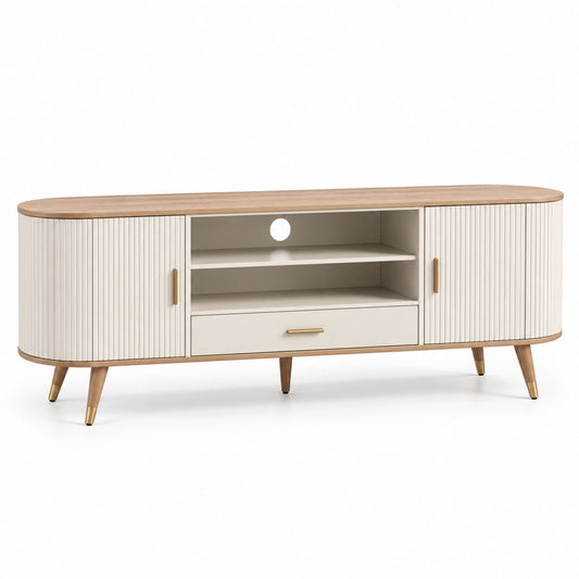 Meuble TV 180 cm blanc et chêne en MDF forme arrondie avec 2 portes et tiroir