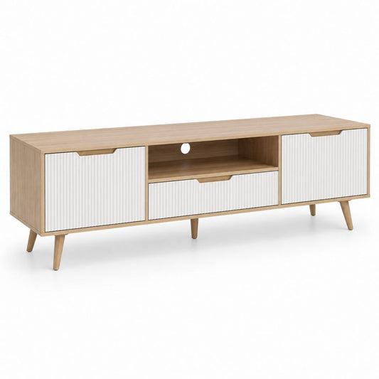 Meuble TV rectangulaire 160 cm chêne clair et blanc en panneaux de particules avec 2 portes 1 tiroir et niche