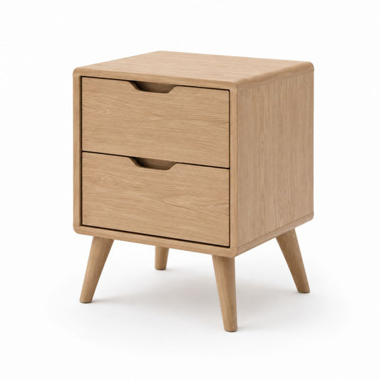 Table de chevet 2 tiroirs beige clair en MDF plaqué chêne 40 x 35 x 55 cm