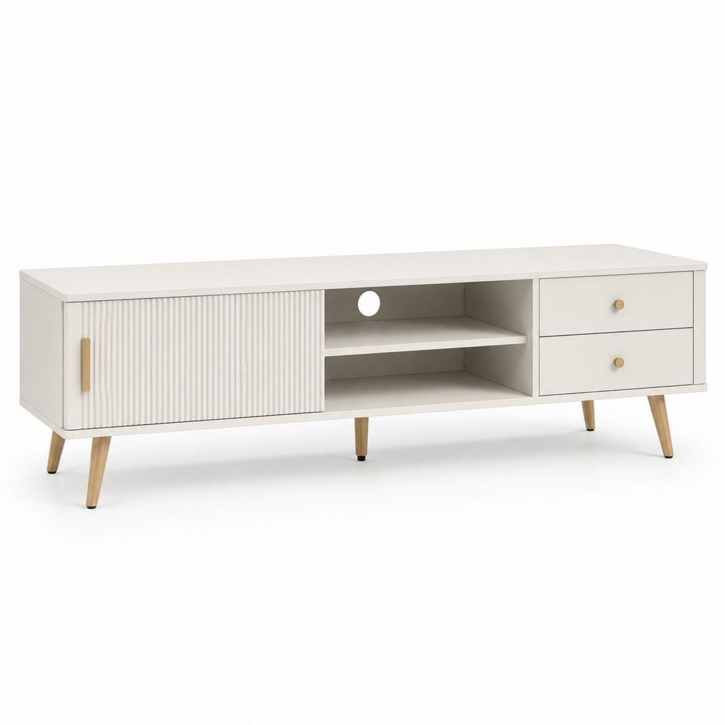 Meuble TV blanc en panneaux MDF 160 x 40 x 50 cm avec 2 tiroirs et porte coulissante