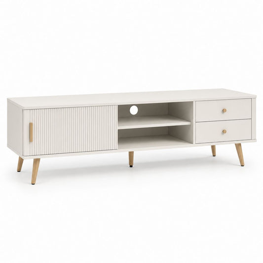 Meuble TV blanc en panneaux MDF 160 x 40 x 50 cm avec 2 tiroirs et porte coulissante