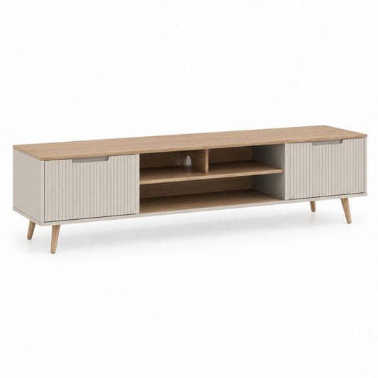 Meuble TV rectangulaire beige et chêne clair en panneaux de particules 180 x 40 x 55 cm
