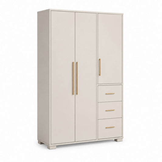 Armoire de chambre 3 portes 3 tiroirs blanc cassé en panneaux de particules 120 x 200 x 50 cm