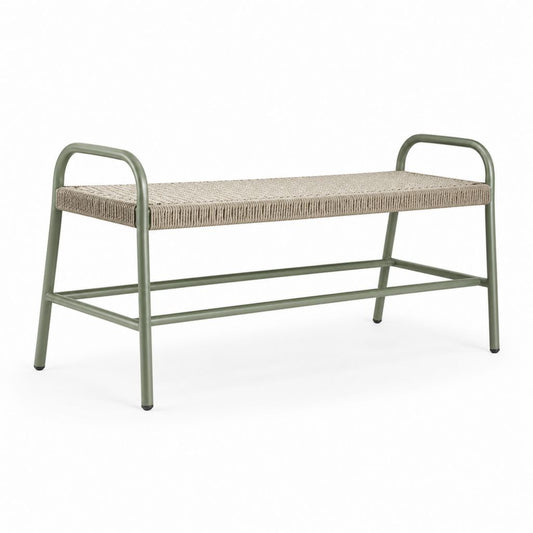 Banc de jardin 2 places vert kaki en acier avec assise tressée beige rectangulaire 120 x 40 x 65 cm