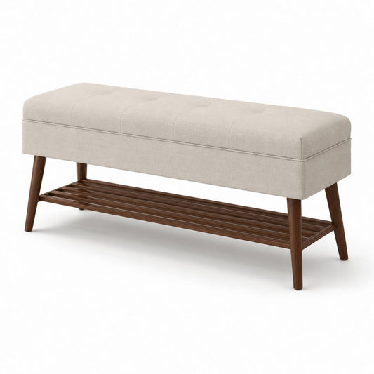 Banc de bout de lit beige en polyester et bois d'hévéa massif avec étagère 120 x 40 x 50 cm
