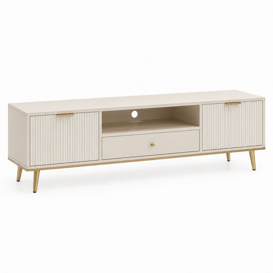 Meuble TV crème en MDF rectangulaire avec 2 portes 1 tiroir et niche 180 x 40 x 60 cm