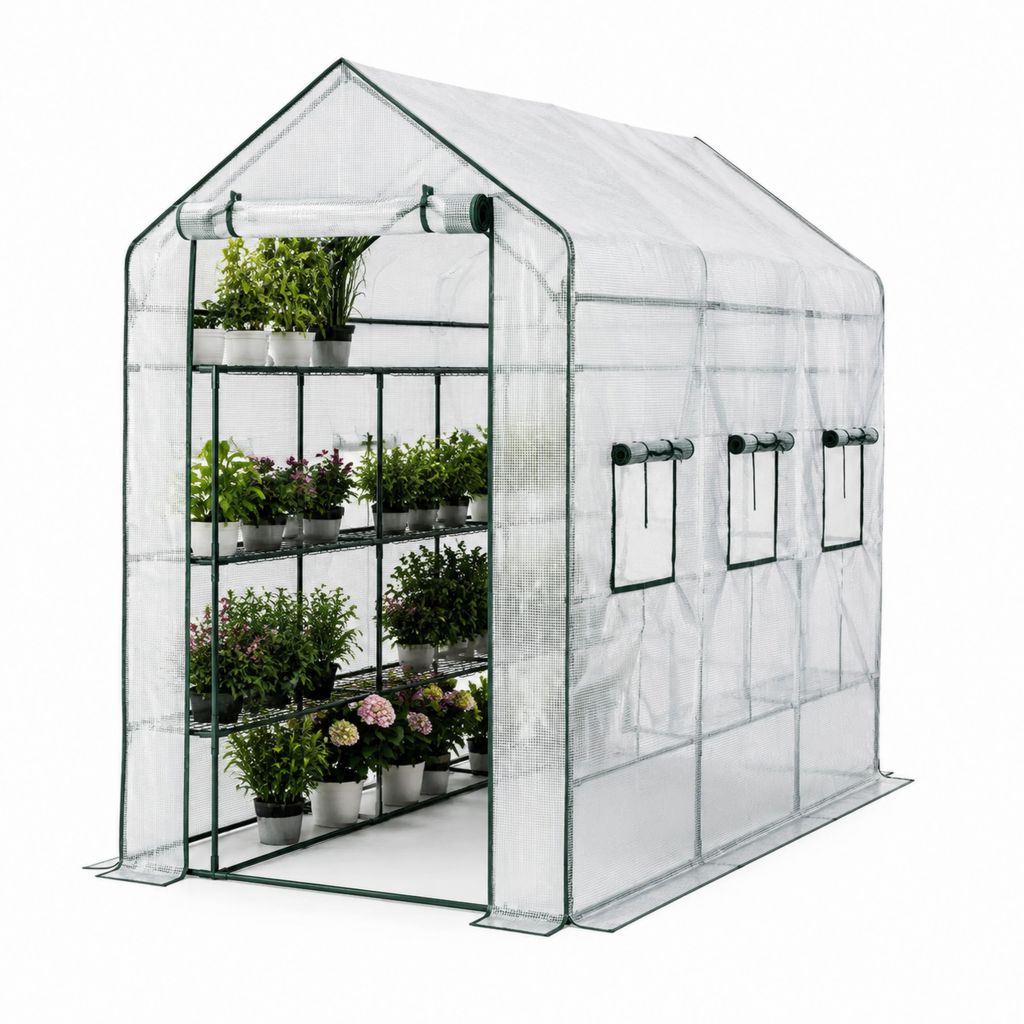 Serre de jardin tunnel transparente en polyéthylène avec étagères 143 x 143 x 195 cm
