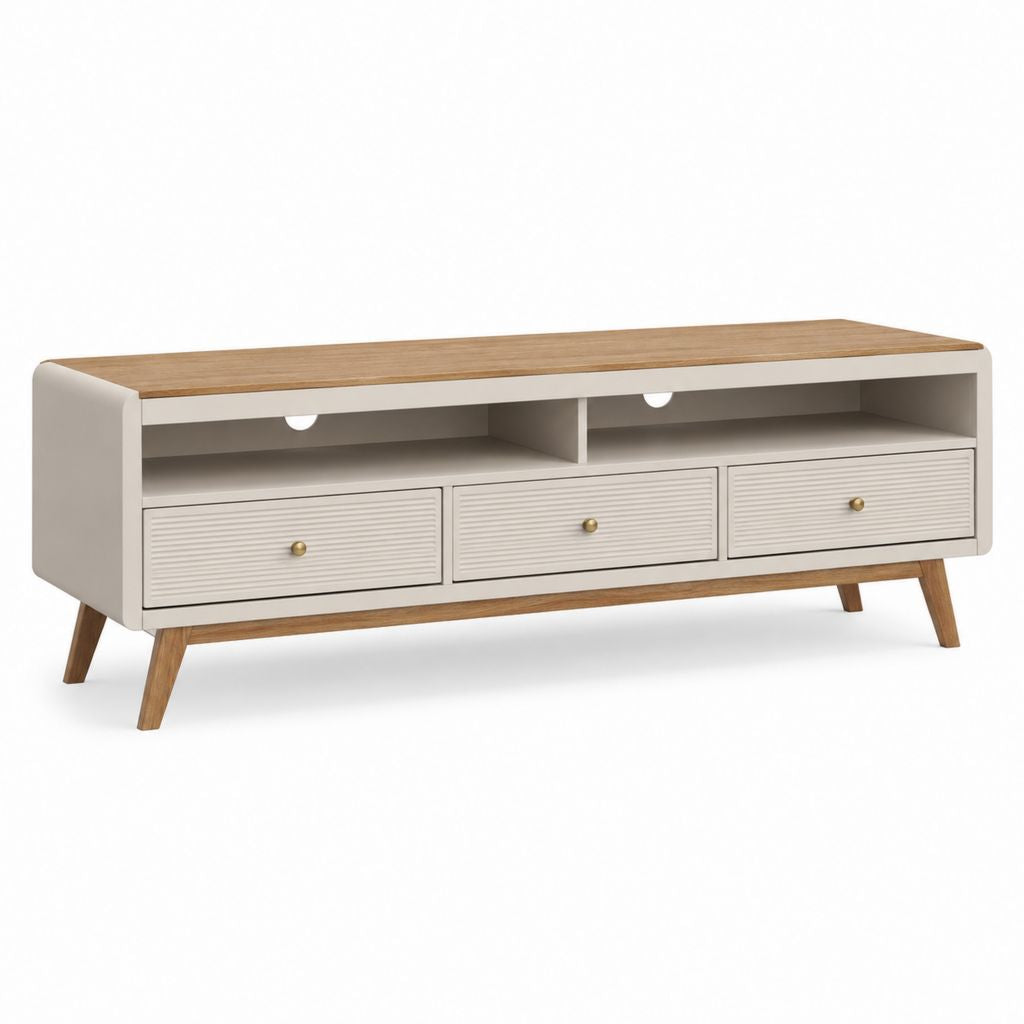 Meuble TV blanc et chêne en panneaux MDF rectangulaire 160 x 40 x 55 cm avec 3 tiroirs
