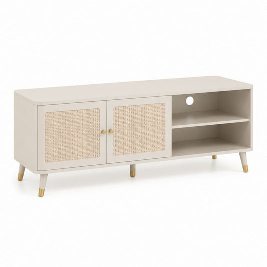 Meuble TV rectangulaire blanc et naturel en panneaux MDF et rotin 120 x 40 x 55 cm