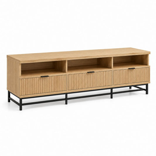Meuble TV 180 cm chêne clair en MDF avec piètement en acier noir