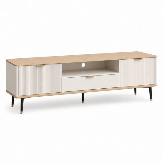 Meuble TV blanc et chêne clair en MDF rectangulaire avec portes coulissantes 160 x 40 x 60 cm