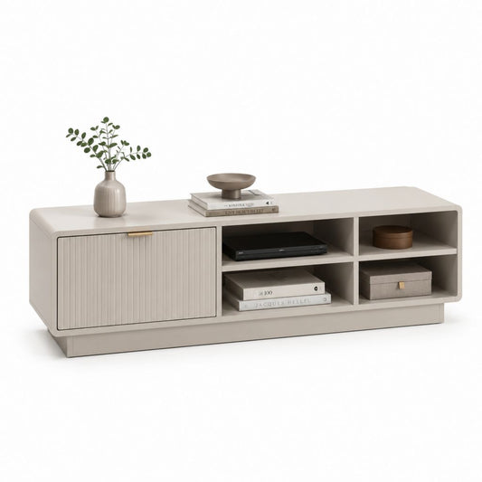 Meuble TV beige en MDF rectangulaire avec porte et 4 niches 160 x 40 x 60 cm