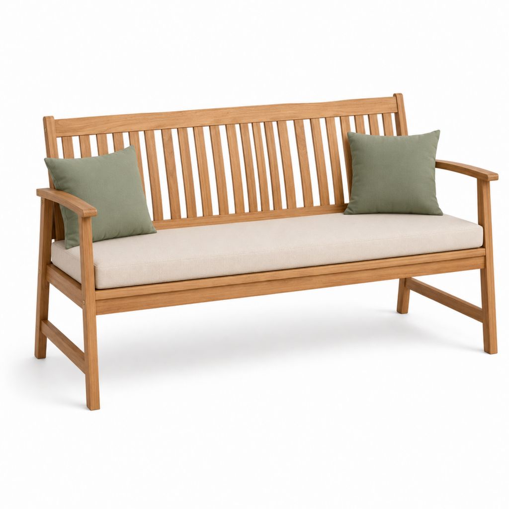 Banc de jardin 3 places en bois d'acacia massif marron avec coussin beige et coussins verts 150 x 65 x 90 cm