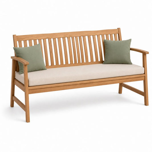 Banc de jardin 3 places en bois d'acacia massif marron avec coussin beige et coussins verts 150 x 65 x 90 cm