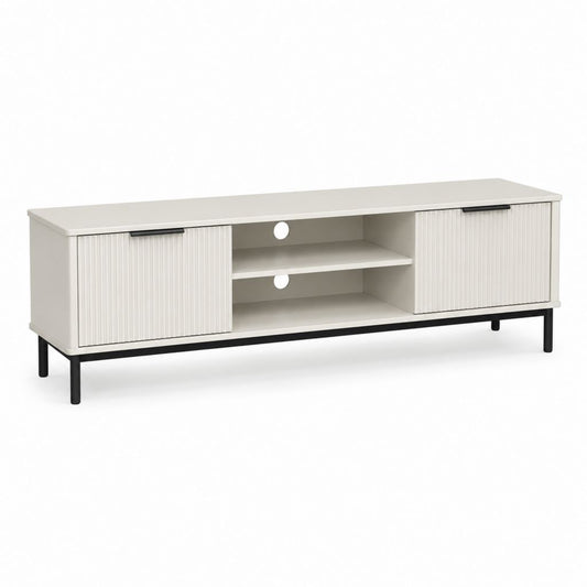 Meuble TV blanc en panneaux MDF rectangulaire avec 2 portes coulissantes 160 x 40 x 55 cm