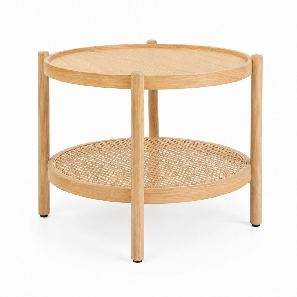 Table d’appoint ronde en chêne massif naturel et rotin Ø 50 cm x H 50 cm