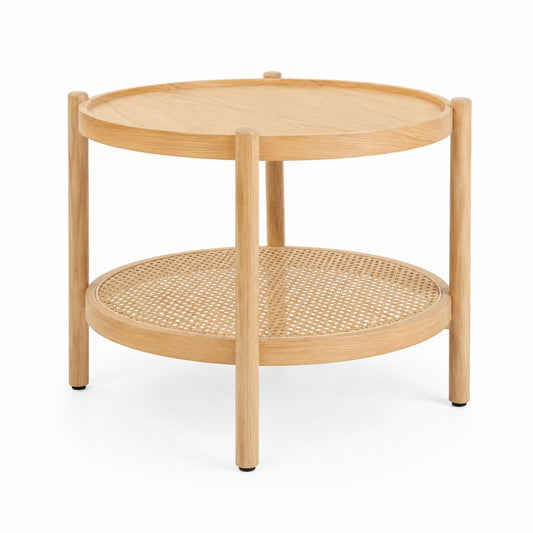 Table d’appoint ronde en chêne massif naturel et rotin Ø 50 cm x H 50 cm