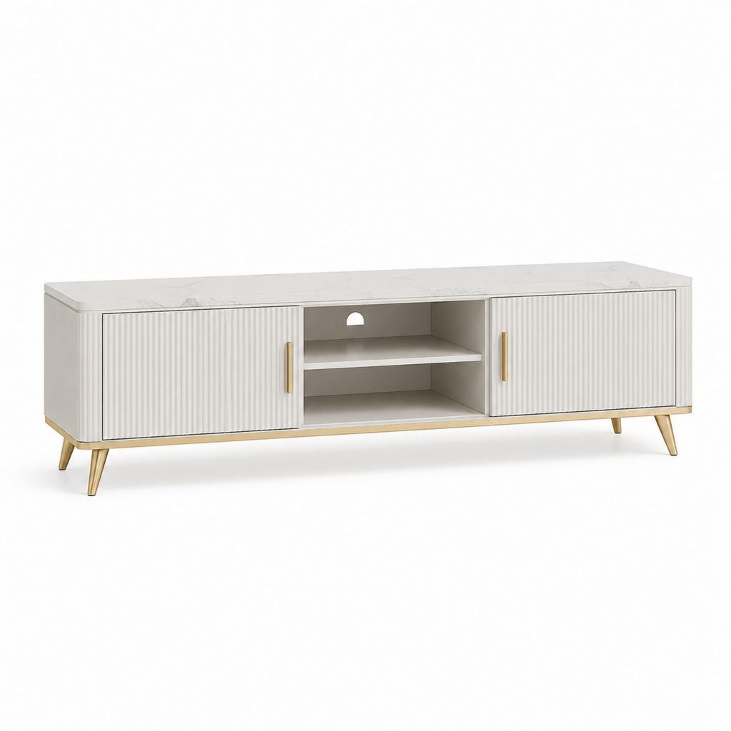 Meuble TV 2 portes blanc en MDF avec plateau effet marbre 180 x 40 x 55 cm