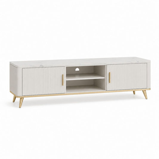 Meuble TV 2 portes blanc en MDF avec plateau effet marbre 180 x 40 x 55 cm