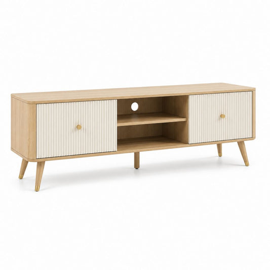 Meuble TV 160 cm chêne clair et blanc en panneaux MDF avec 2 portes coulissantes