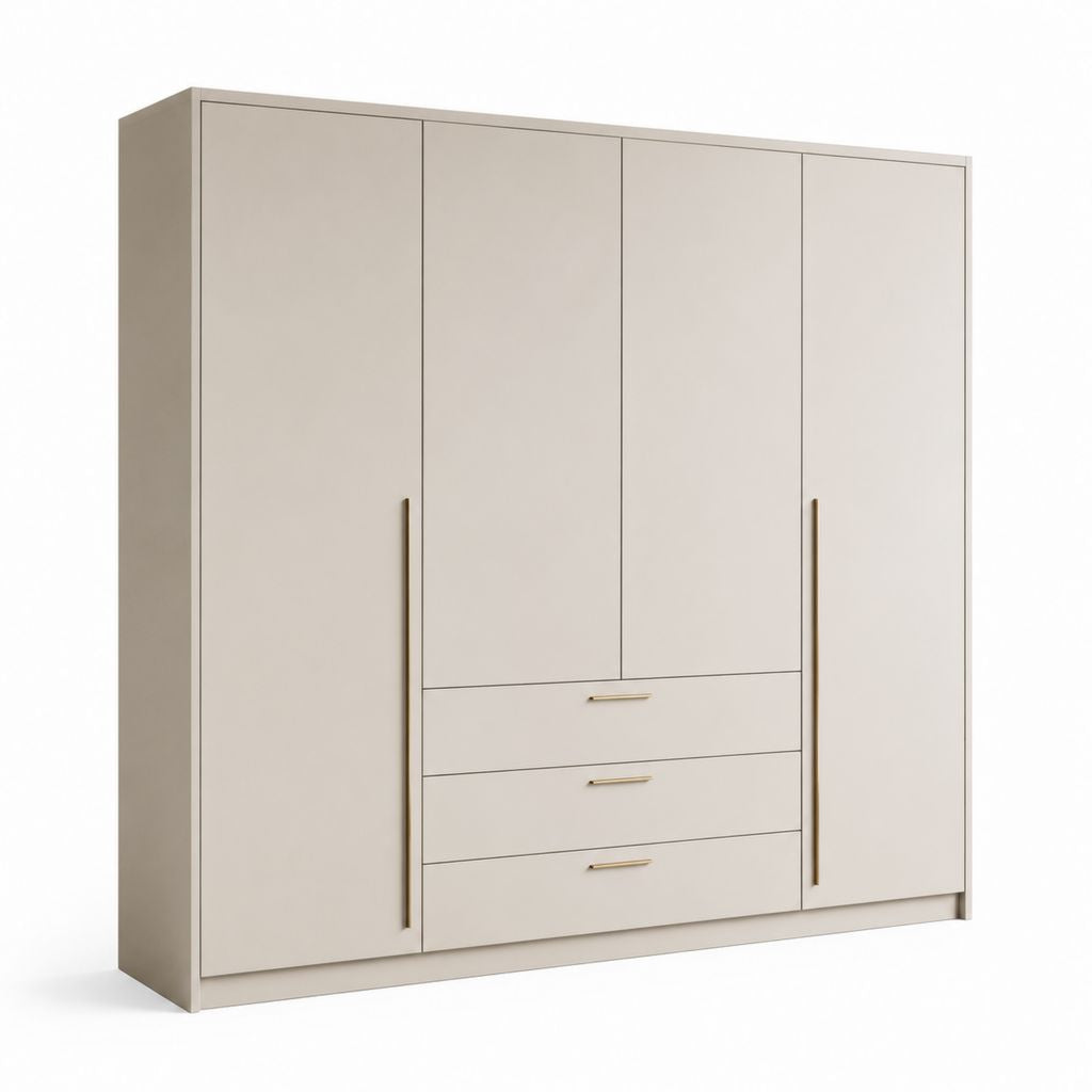 Armoire de chambre 4 portes 3 tiroirs beige en panneaux de particules mélaminés 200 x 60 x 200 cm