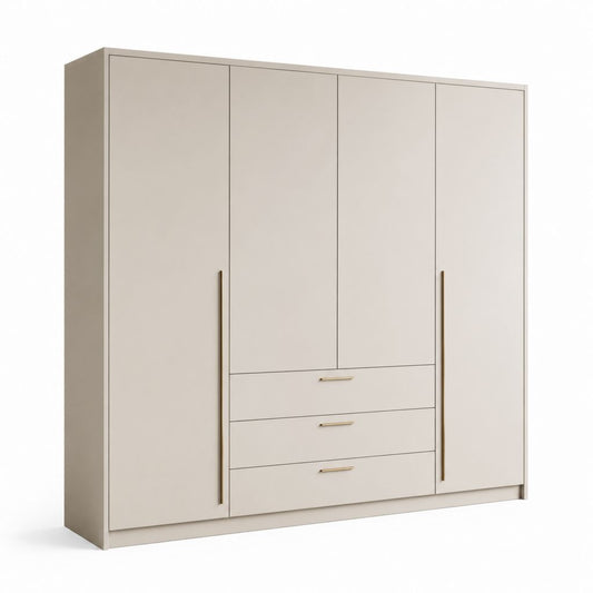 Armoire de chambre 4 portes 3 tiroirs beige en panneaux de particules mélaminés 200 x 60 x 200 cm