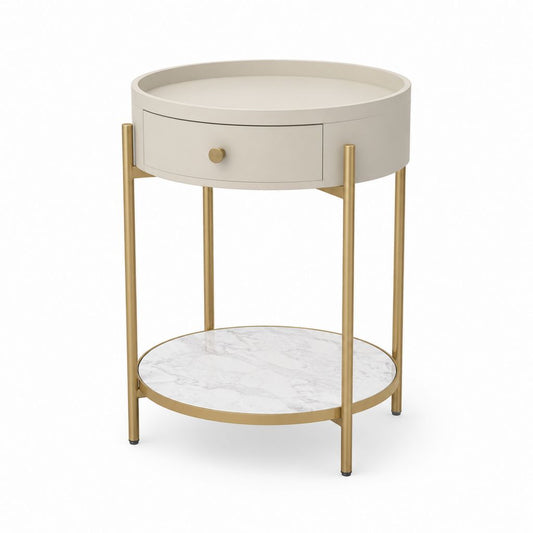 Table d'appoint ronde beige et doré en MDF acier et verre trempé Ø 45 x H 60 cm